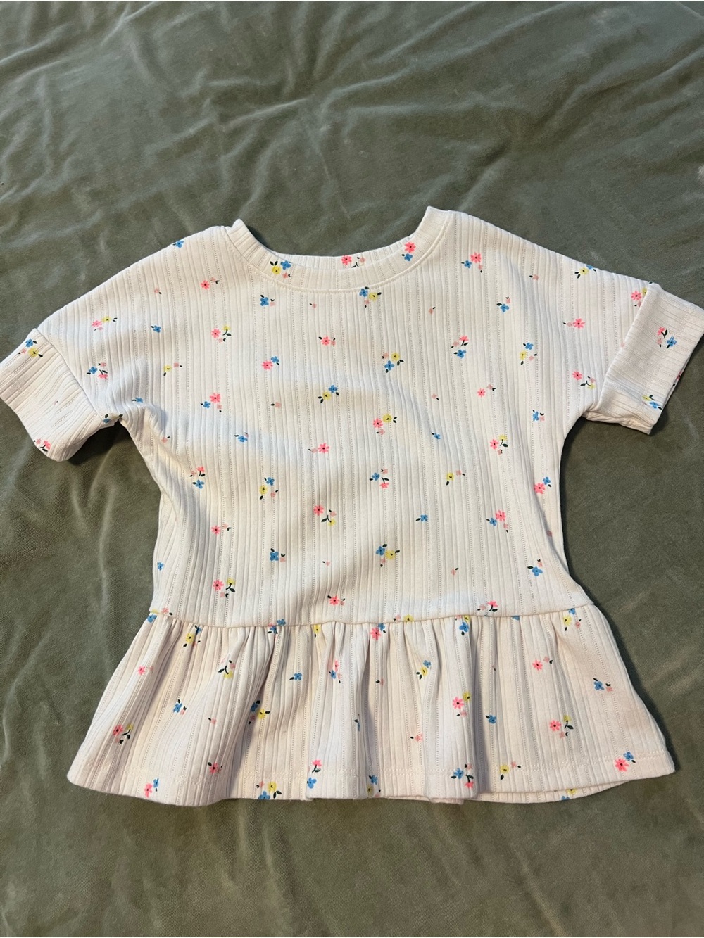 White Ribbed Peplum Top with Tiny Floral Print